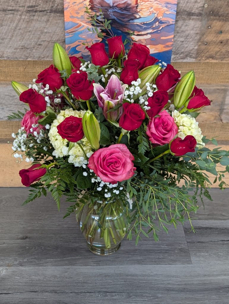 Red roses, lilies, hydrangea, romantic love colors